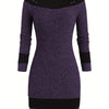 Plus Size Women's Color-Block Bodycon Dress – Long Sleeve Crew Neck, Casual Spring/Fall, Machine Washable
