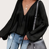 Green French Satin Tie-Front Blouse V-Neck Long Sleeve Ruched Top for Women