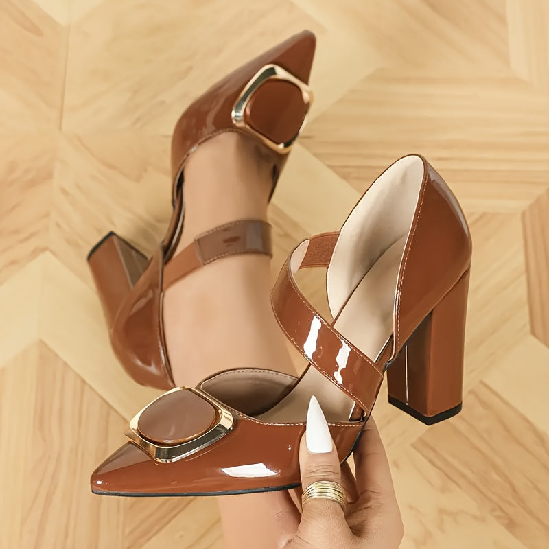 Women's Pointed Toe Block Heel Pumps – Slip-On Cushioned Insole, Synthetic Upper & Non-Slip Rubber Sole