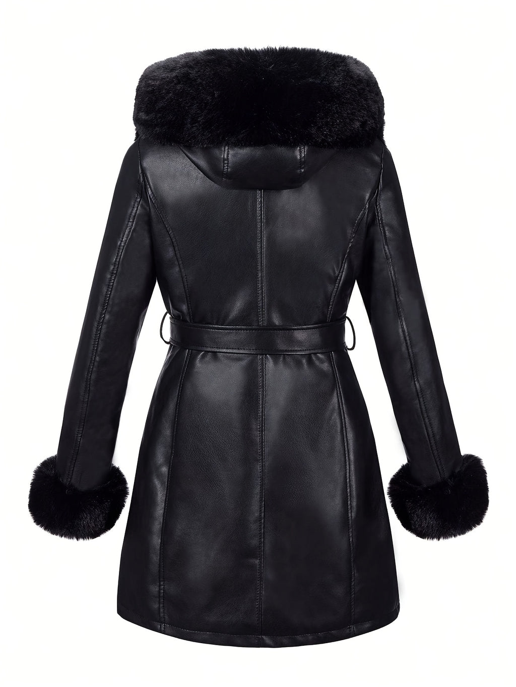Women's Faux Fur-Trim PU Leather Hooded Coat with Belt - Warm Black Fall/Winter Jacket