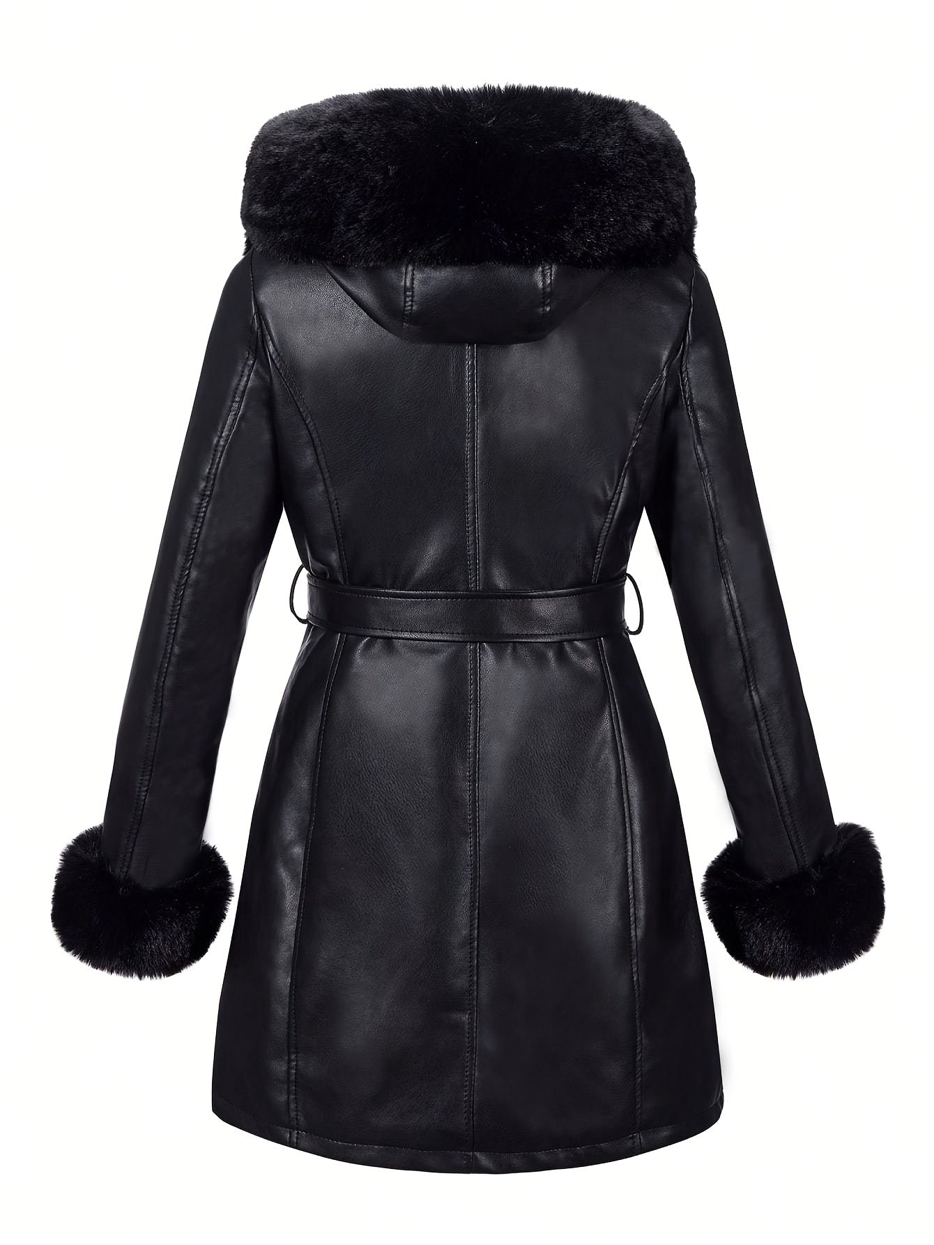 Women's Faux Fur-Trim PU Leather Hooded Coat with Belt - Warm Black Fall/Winter Jacket
