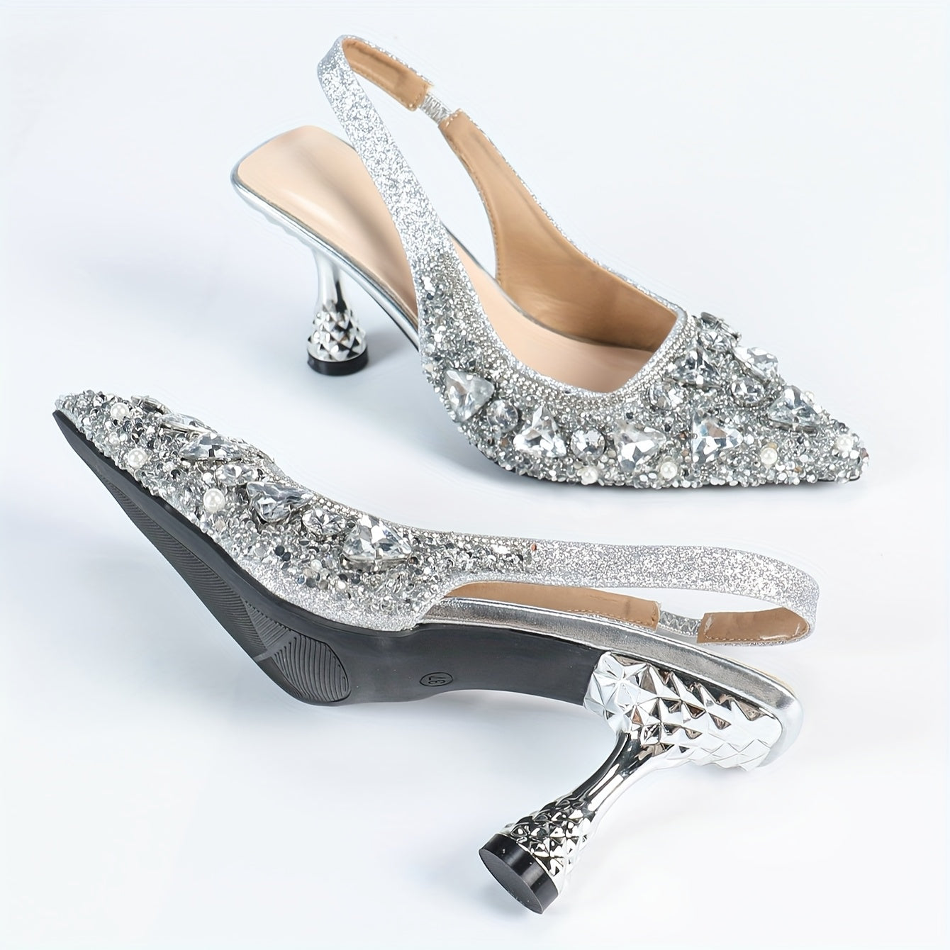 Women's Silver Pointed Toe D'Orsay High Heels - Rhinestone & Pearl Embellished Flare Heel Evening Pumps