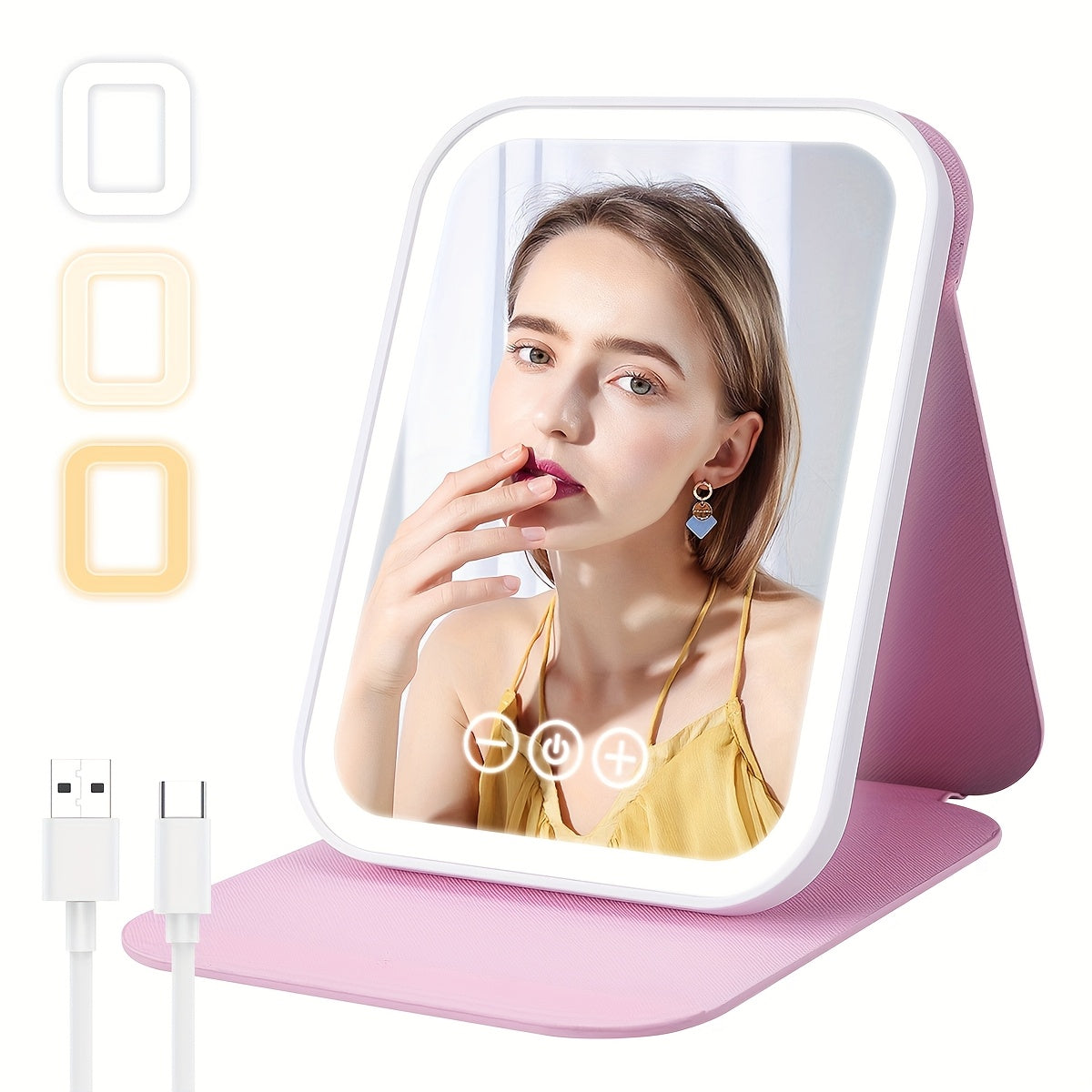 M MISS DREAM Portable Lighted Makeup Mirror - 3-Color Dimmable LED, Touch Control, USB-C Rechargeable, Foldable Tabletop Vanity Mirror, High-Quality Glass
