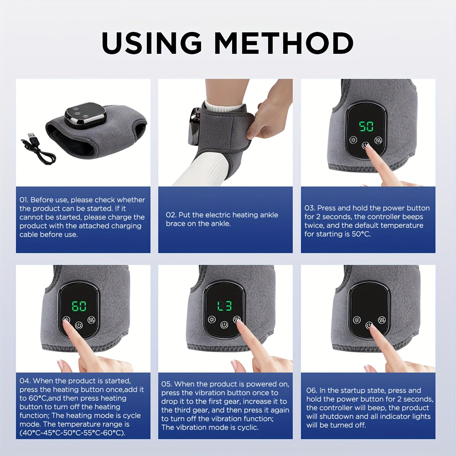 Adjustable Wireless Ankle Massager with Heat & Vibration – Rechargeable Temperature Sensing Timer, Unisex Gift