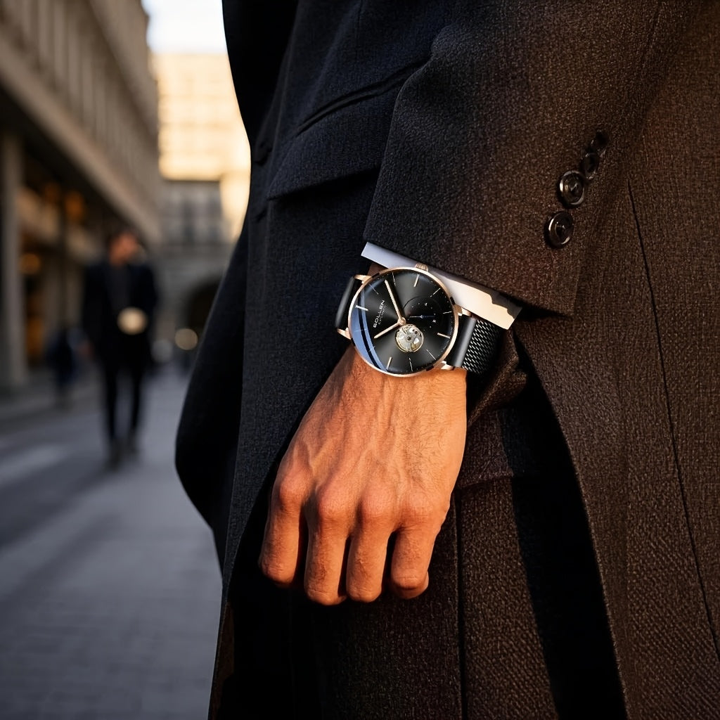 SOLLEN Automatic Mechanical Unisex Watch – Stainless Steel Round Case, Black Dial, Luminous Hands, Business Casual