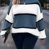 Plus-Size Striped Long Sleeve Knit Sweater – Halter Neck Color Block Pullover (Green, Black & White)