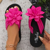 Women's Floral Embellished Flip-Flops - Fabric Upper EVA Sole, Mid Platform Heel Slip-On Vacation Sandals