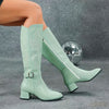 Embroidered Women's Knee-High Boots with Side Zipper, Golden Knight Block Heel Pointed Toe, Autumn/Winter