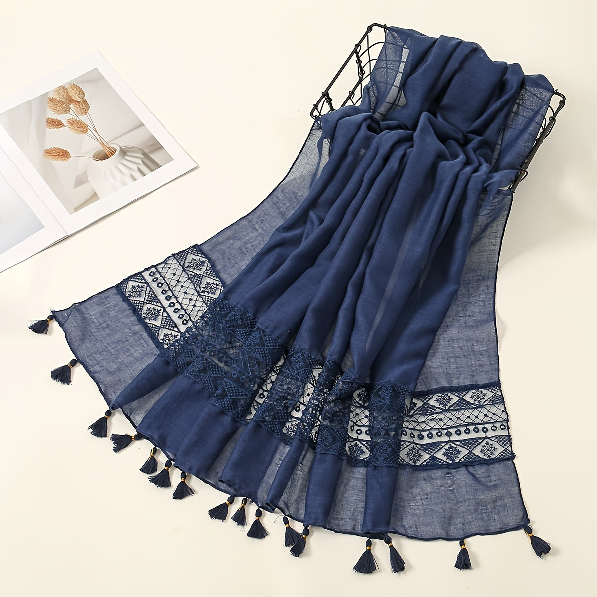 Embroidered Hollow Lace Tassel Scarf for Women — Elegant Lightweight Windproof Wrap for Cold Weather & Eid