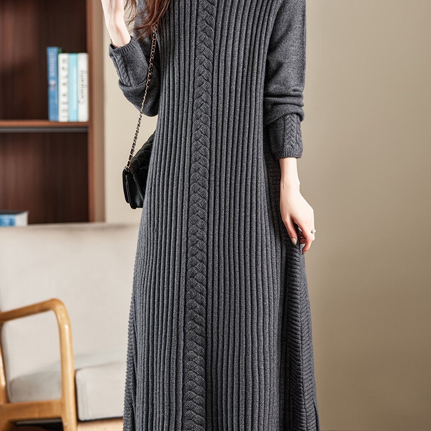 Women's High Neck Long Sleeve Knit Midi Dress - Soft Acrylic Blend, Regular Fit