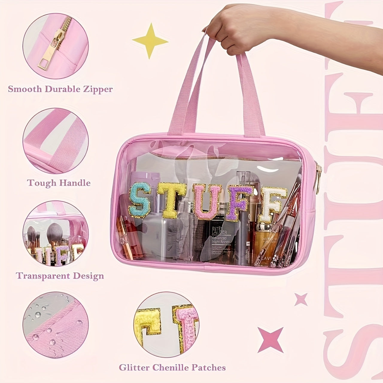 Large Transparent Makeup Organizer Bag with SURF Embroidery | Foldable Travel Cosmetic Pouch with Double-Handle Zipper