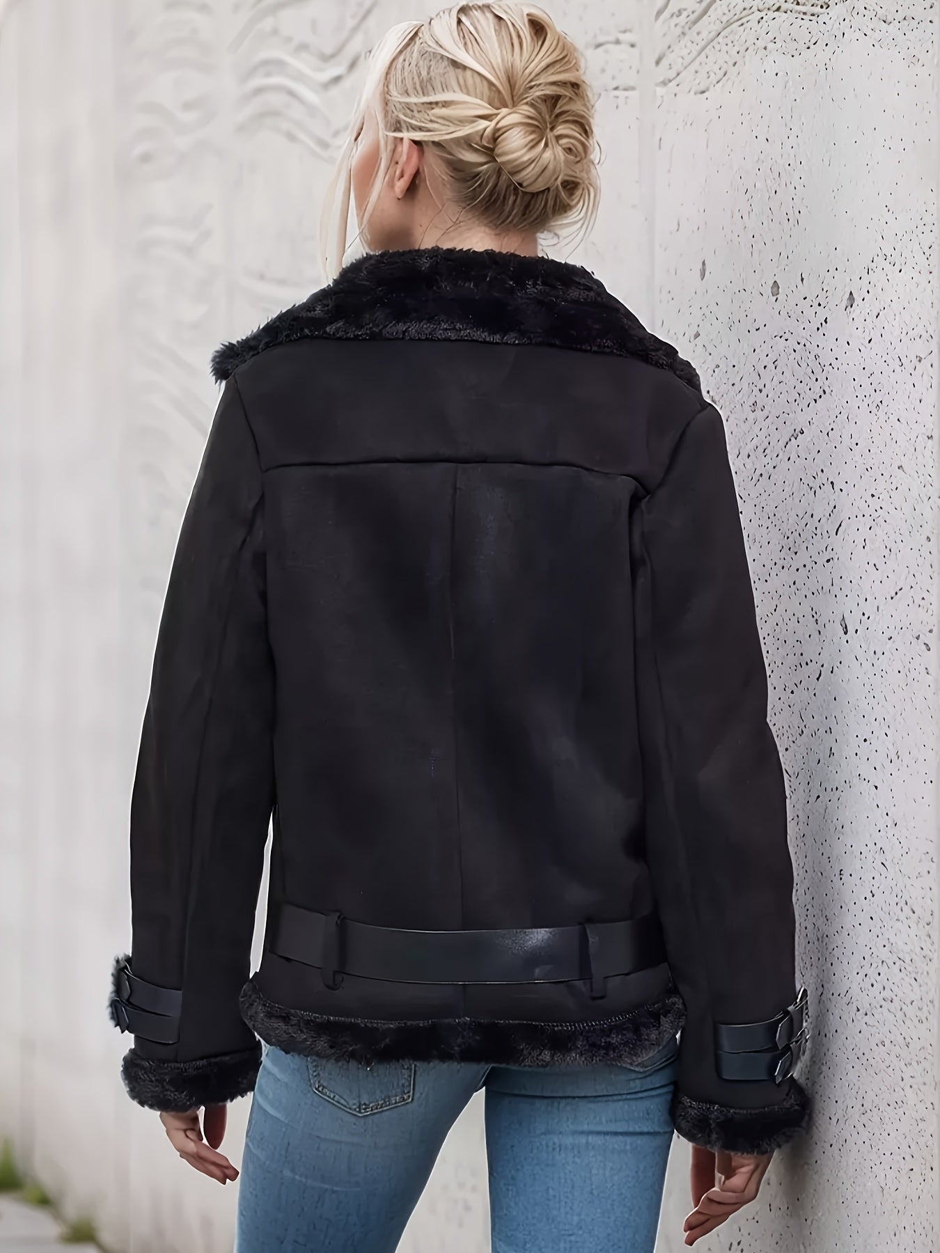 Women's Velvet PU Leather Jacket with Retro Collar – Thickened Lined Casual Coat