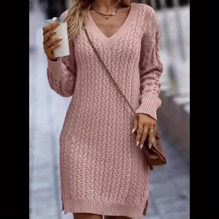 Women's V-Neck Cable Knit Midi Sweater Dress - Soft Pink Long Sleeve Bodycon, All-Season Office and Casual