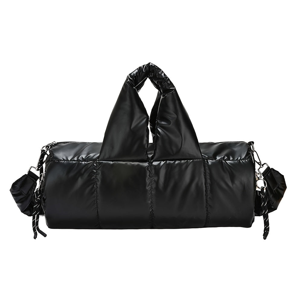 Quilted Puff Bucket Shoulder Bag Large Capacity PU Handbag with Detachable Strap Gold-Tone Hardware Zipper Closure Champagne Black Silver Blue