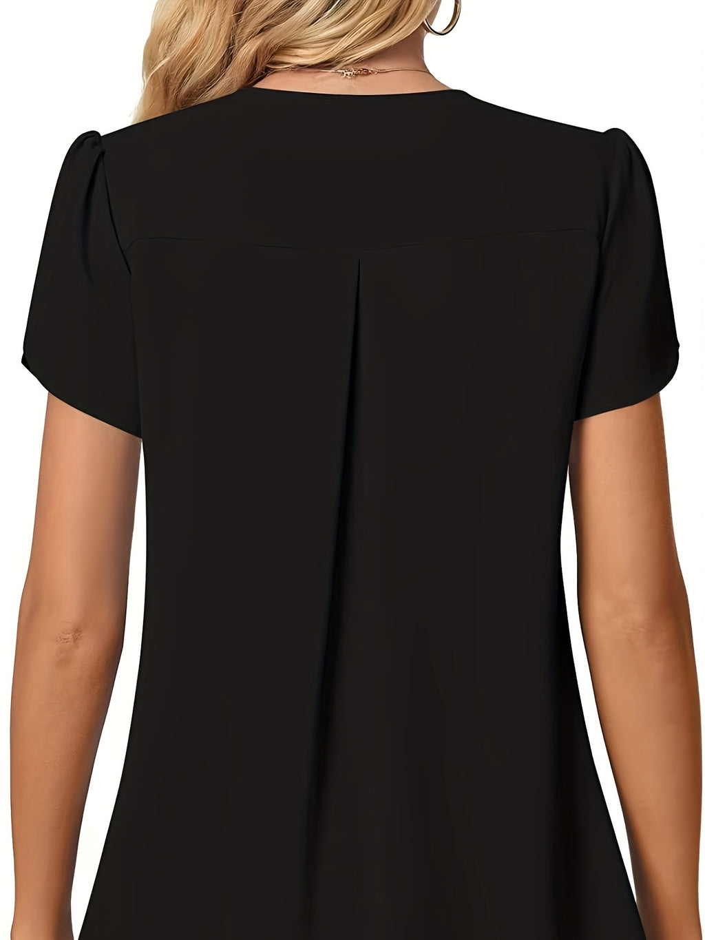 Women's Black Chiffon V-Neck Peplum Blouse with Ruffle Short Sleeves — Lightweight Polyester Summer Top