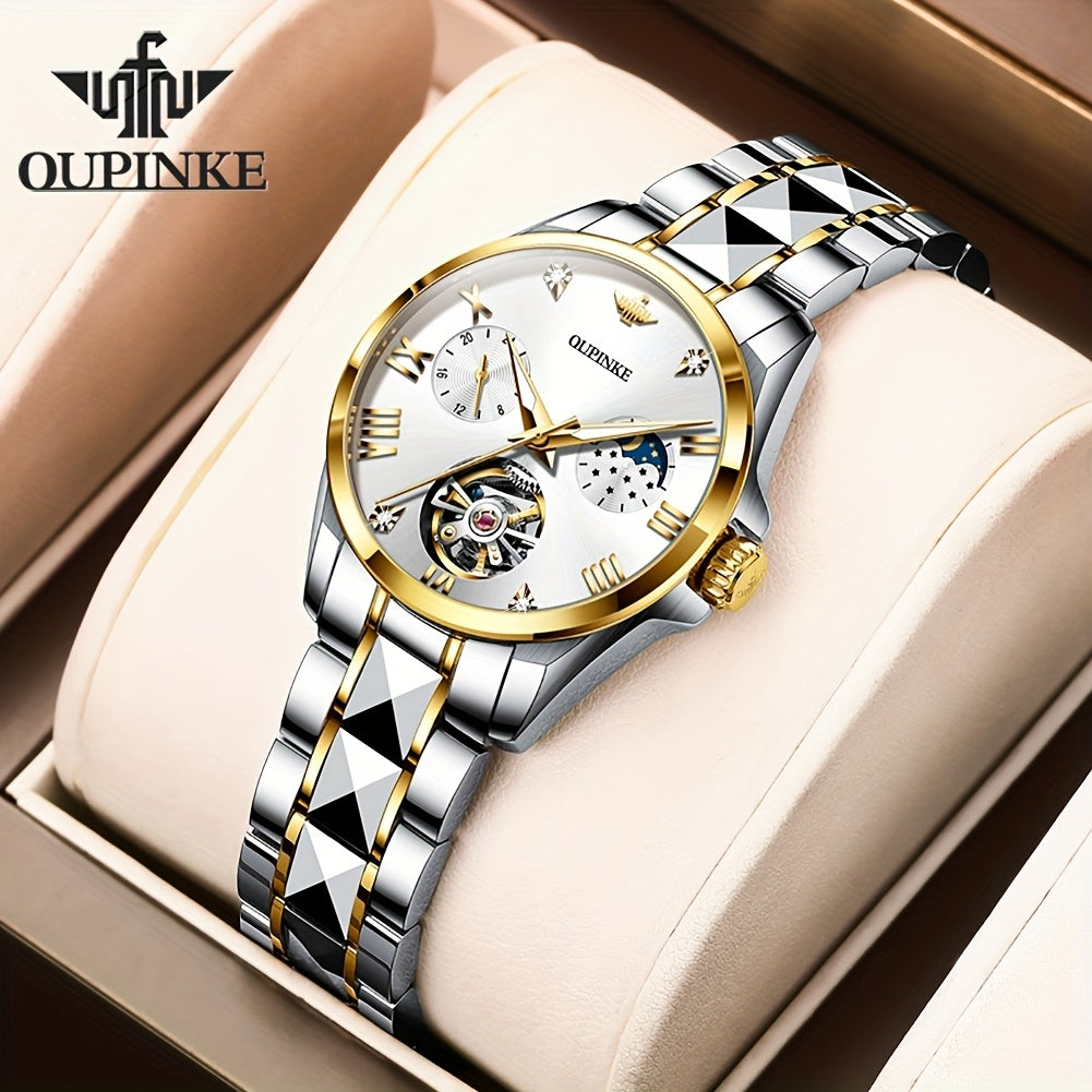 OUPINKE Women's Automatic Mechanical Dress Watch – Luminous Hands, Blue Dial with Gold Markers, Stainless Steel Case & Bracelet