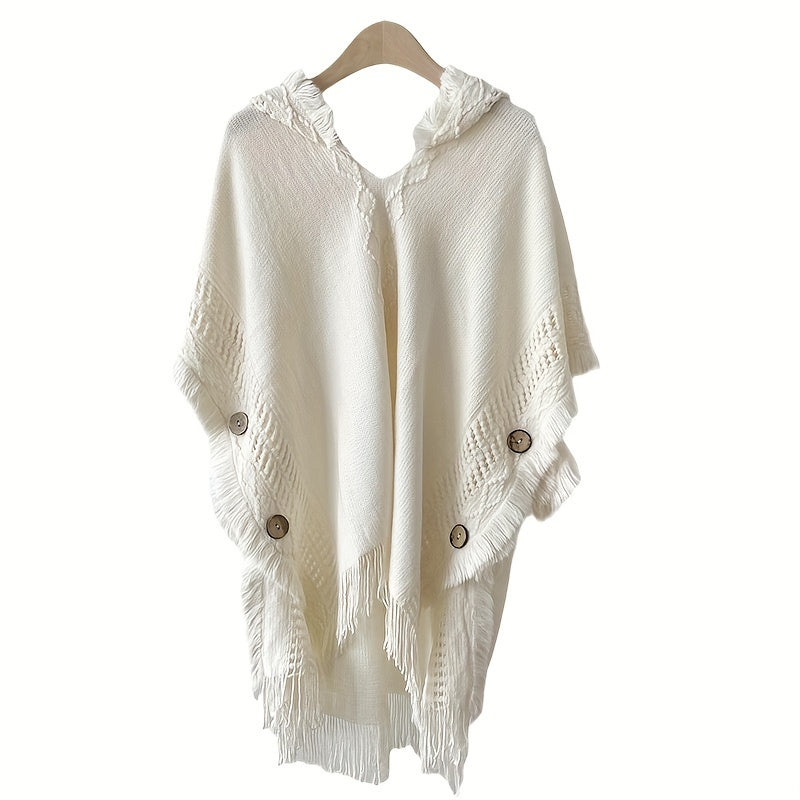 White Boho Fringe Shawl for Women – Lightweight Polyester Wrap, Breathable Sun-Proof Cover-Up for Spring & Autumn