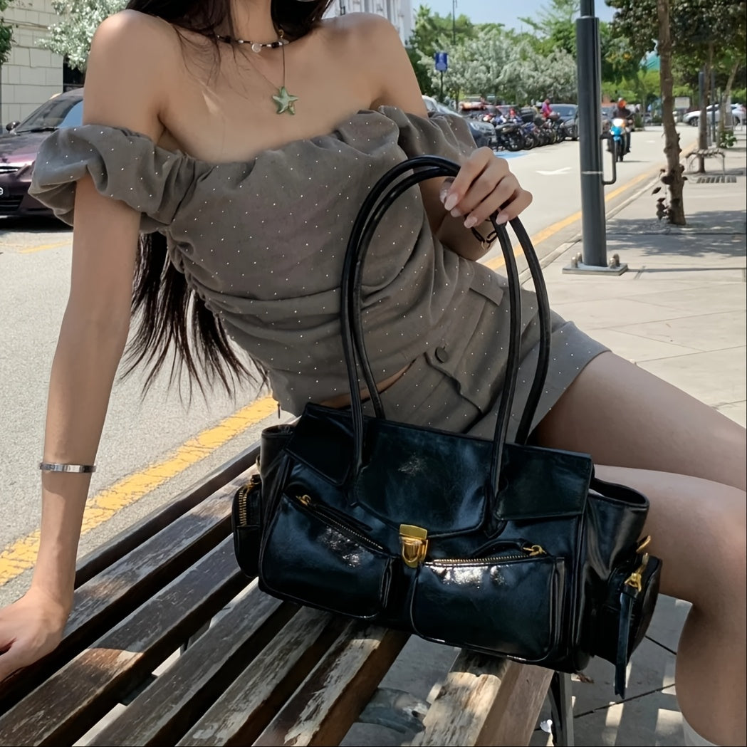 Y2K Vintage Baguette Bag for Women – Multi-Pocket PU Shoulder Bag with Detachable Strap & Kiss Lock (Black/Dark Brown)