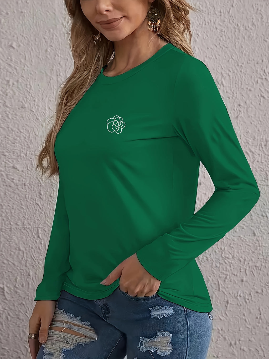 Women's Green Long Sleeve Tunic Top with Floral Embroidered Collar — Stretchy Relaxed Blouse for Casual & Office Wear