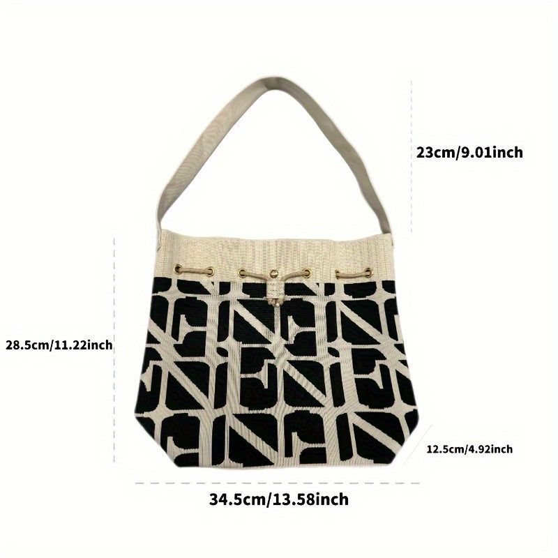Geometric Drawstring Bucket Bag for Women – Versatile Shoulder Bag for Daily Commute & Shopping, Cream/Black