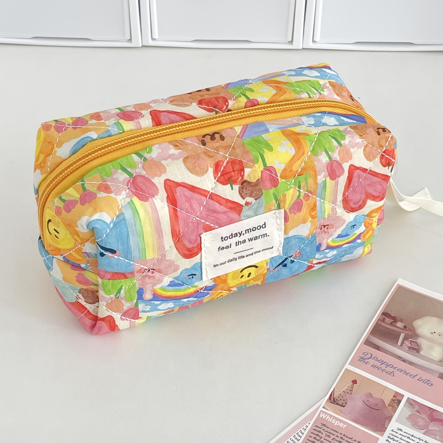 Cute Pastel Makeup Bag for Women - Faces, Hearts & Bears Cosmetic Pouch with Zipper, Lightweight Travel Toiletry Case