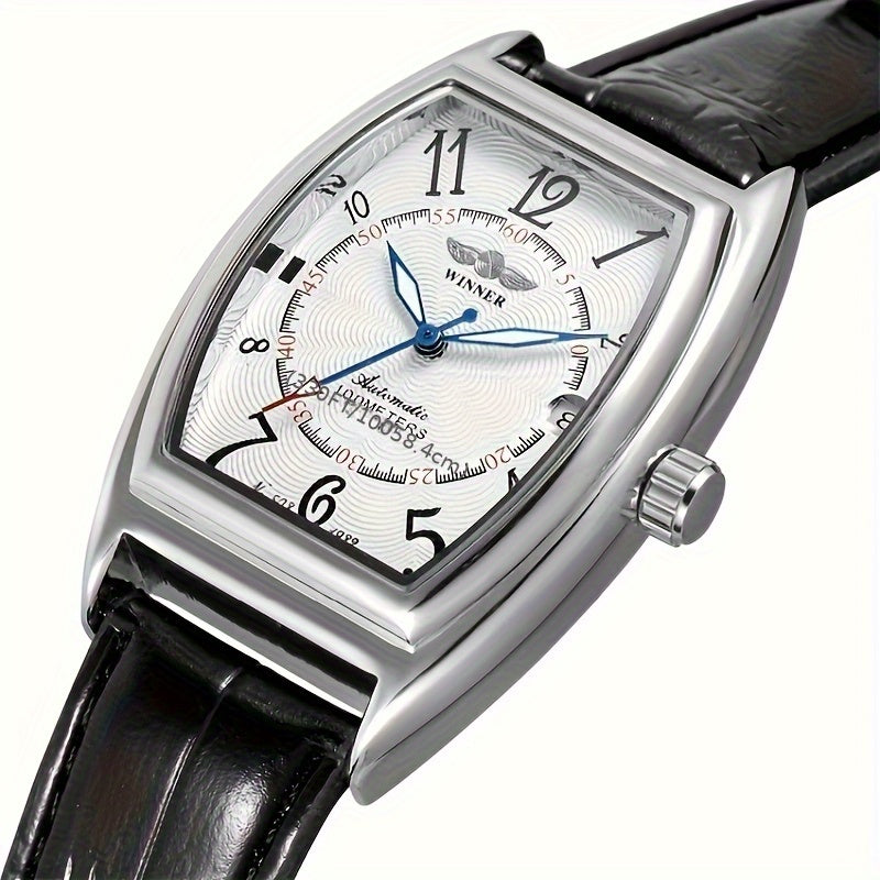 Women's Automatic Mechanical Watch Tonneau Case Faux Leather Strap Blue Hands Date Calendar Vintage Gift