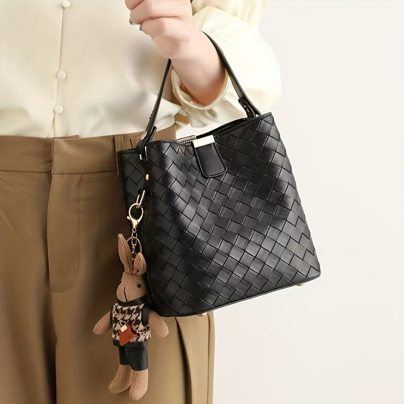 Women's Woven Faux Leather Bucket Handbag - Black Crossbody Shoulder Bag with Golden Hardware, Magnetic Closure, Adjustable Detachable Strap