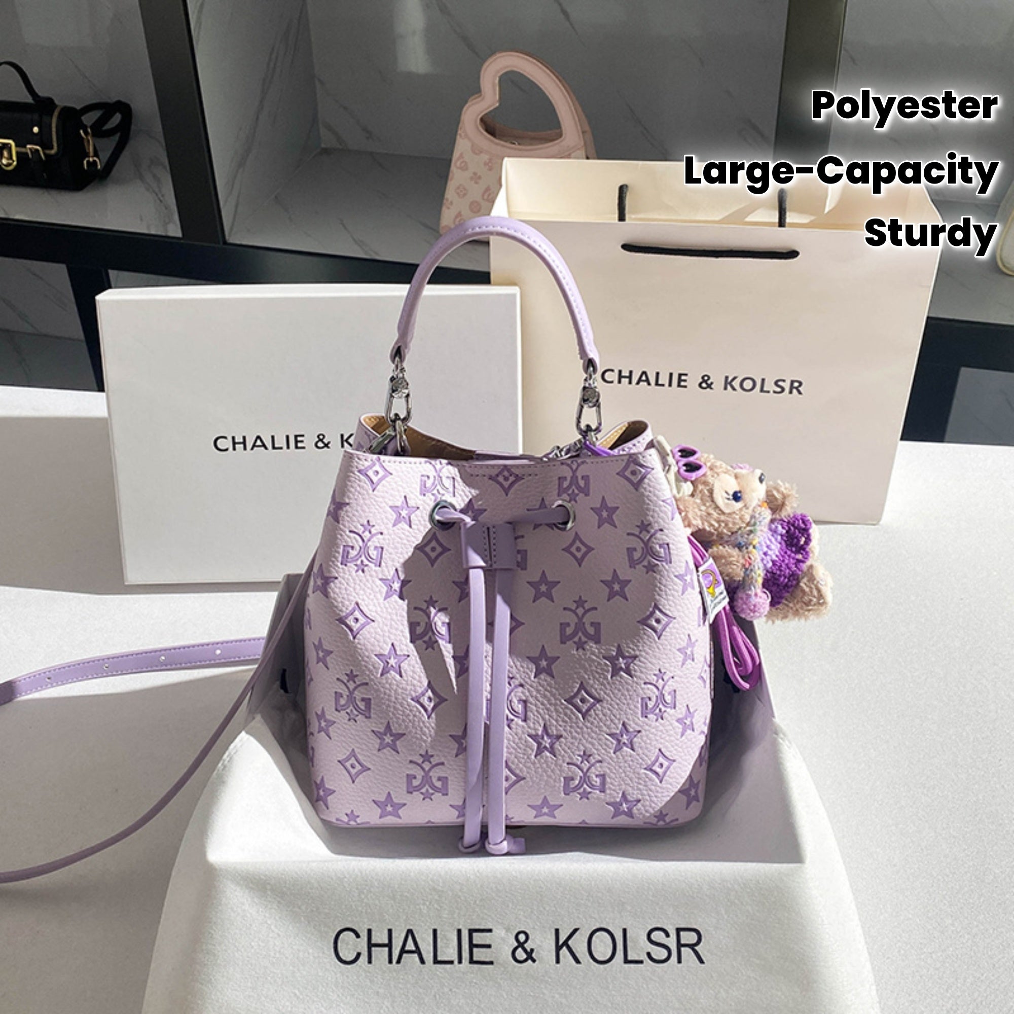 Purple Bucket Bag for Women – Large Capacity Embossed Geometric Handbag with Adjustable Strap & Gold Hardware