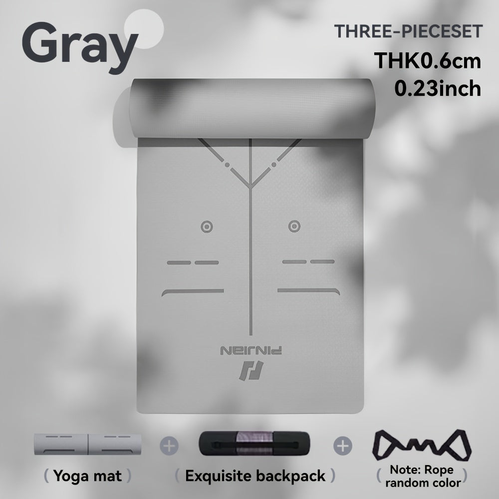 Non-Slip TPE Yoga Mat 0.6 cm (0.24 in) Thick with Carry Strap & Storage Bag – Gray for Yoga, Pilates & Gym