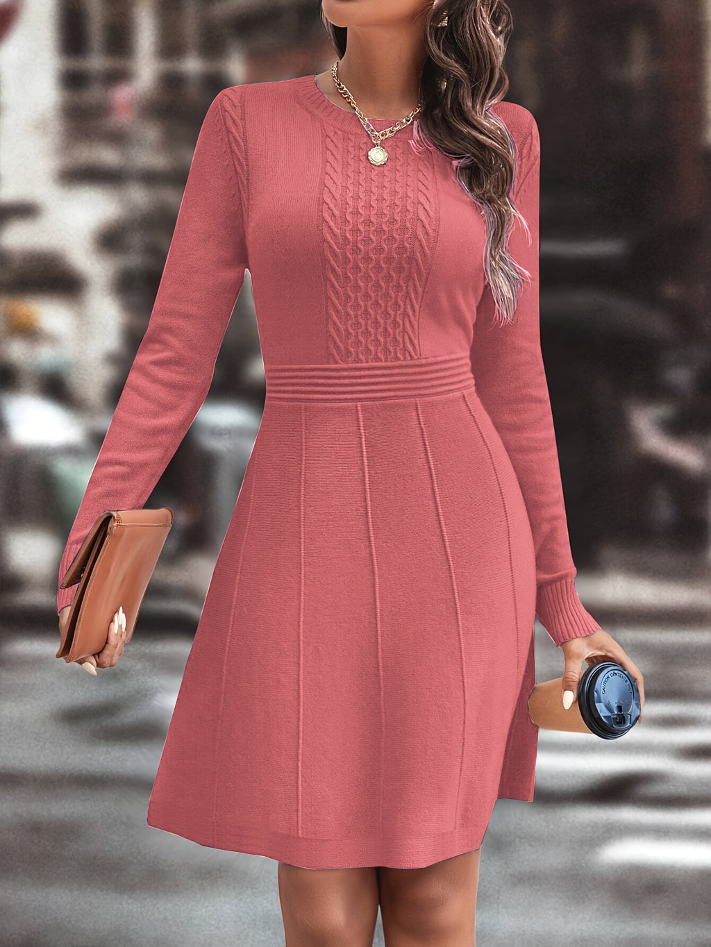 Women's Autumn/Winter Knit A-Line Dress Slim Round Neck Casual Elegant for Date & Daily Wear