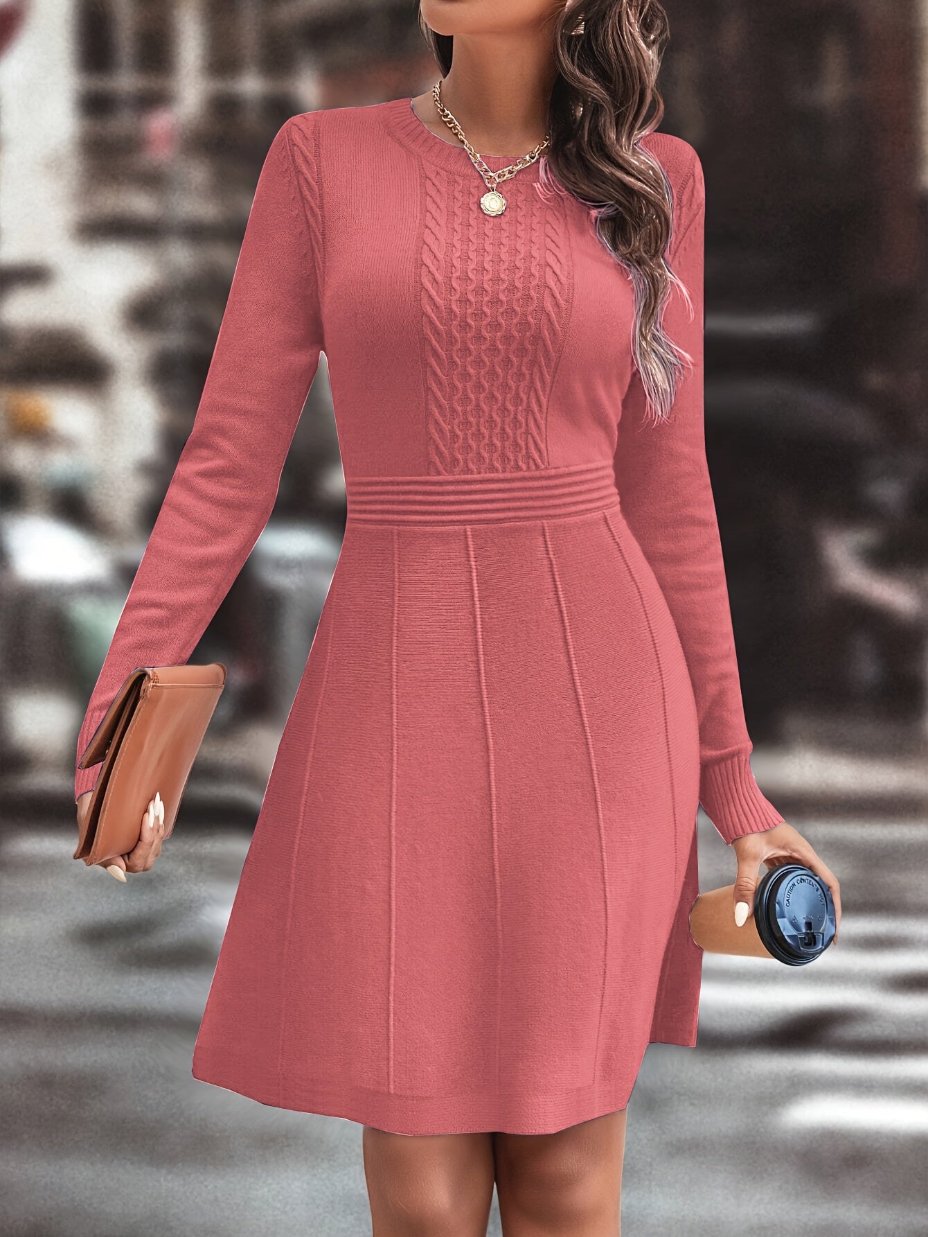 Women's Autumn/Winter Knit A-Line Dress Slim Round Neck Casual Elegant for Date & Daily Wear