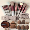33-Piece Makeup & Skincare Travel Kit with Nylon Facial Massager Brush — Portable Light Beige Gift Set