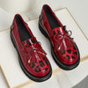 Women's Sparkling Red Leopard Print Loafers with Bow — Thick Sole Penny Loafer, Round Toe, All-Season