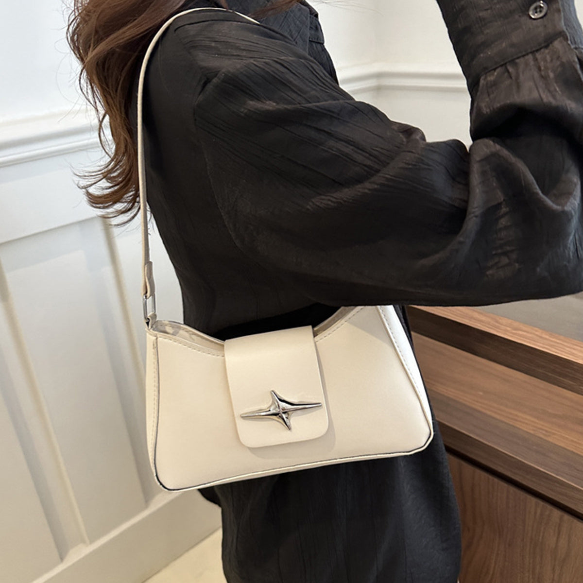 Textured Underarm Baguette Bag for Women – PU Shoulder & Crossbody with Lock Closure, Black (Also White)