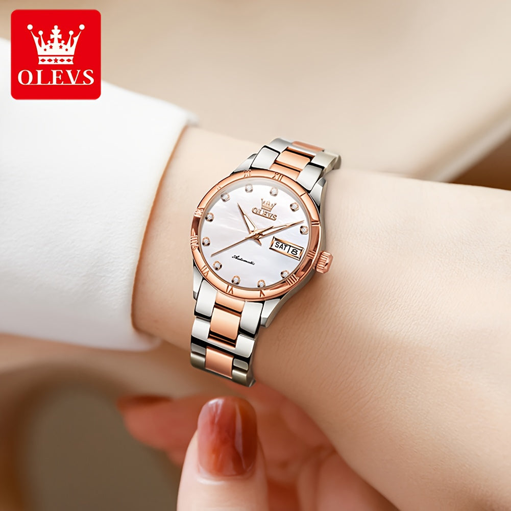OLEVS Women's Stainless Steel Automatic Mechanical Watch - Vintage Analog Bracelet with Luminous Hands