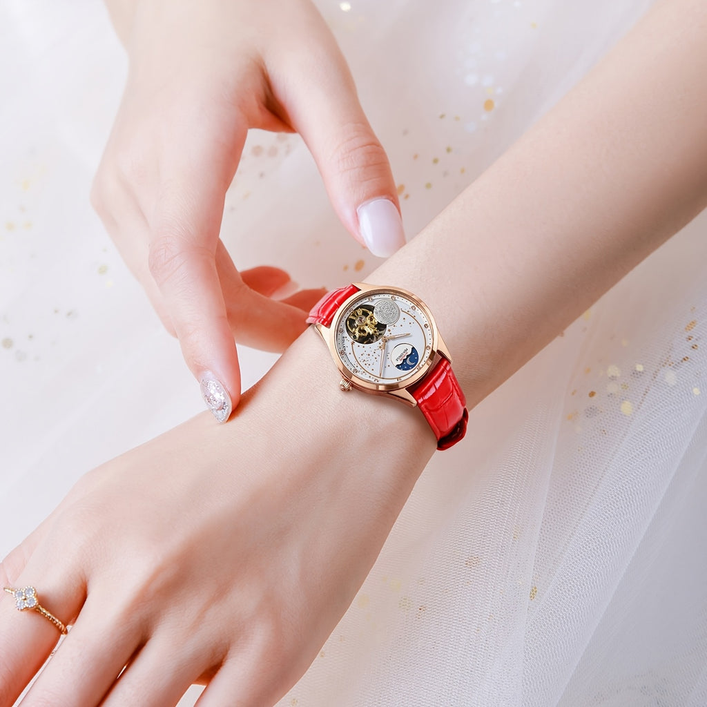 Women's Mechanical Skeleton Watch with Luminous Hands, Rose Gold Case & Red Leather Strap, White Dial Luxury Gift
