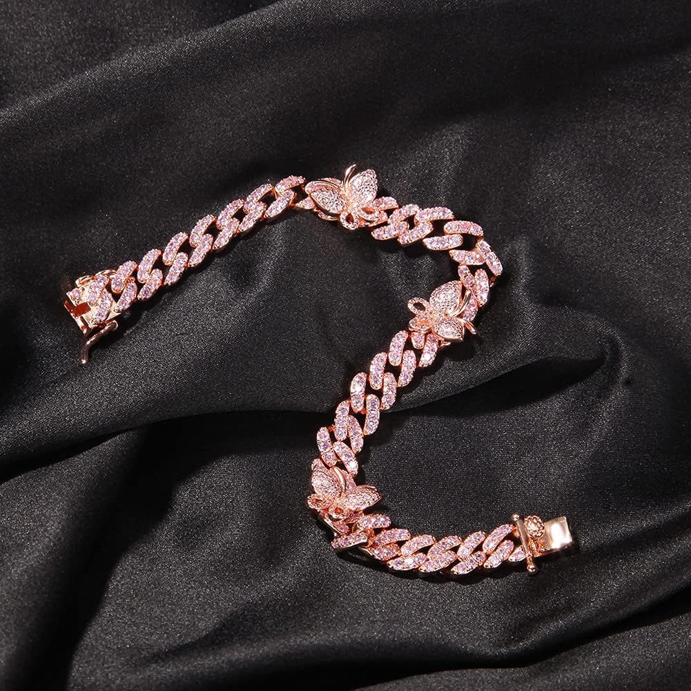 925 Sterling Silver Cuban Link Bracelet 18K Gold Plated with Butterfly Pendants & Lab Moissanite Accents – Elegant Gift for Valentine’s Day & Parties