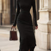 Women's High Neck Fitted Knit Dress - Long Sleeve Over-the-Knee Fall/Winter (95% Polyester 5% Spandex)