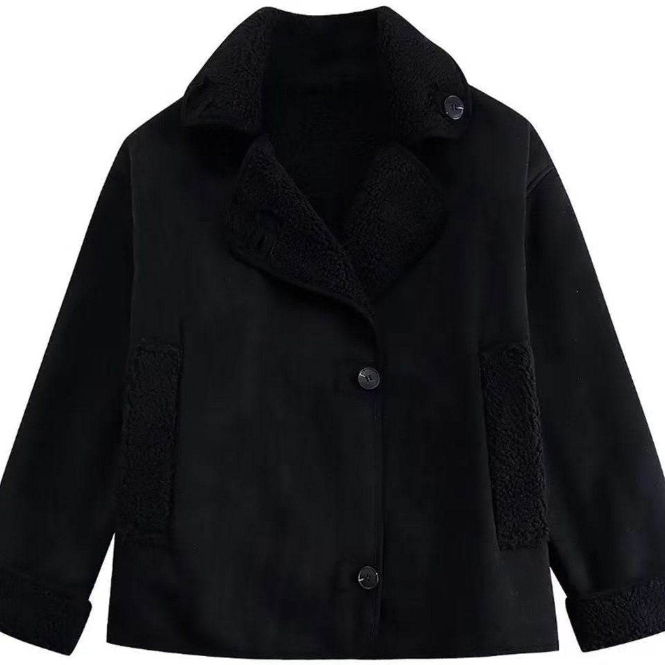 ARTPAGE Women's Suede-Like Faux Leather Jacket with Fur Lining — Short H-Line Black Winter Coat, Button Front Collar