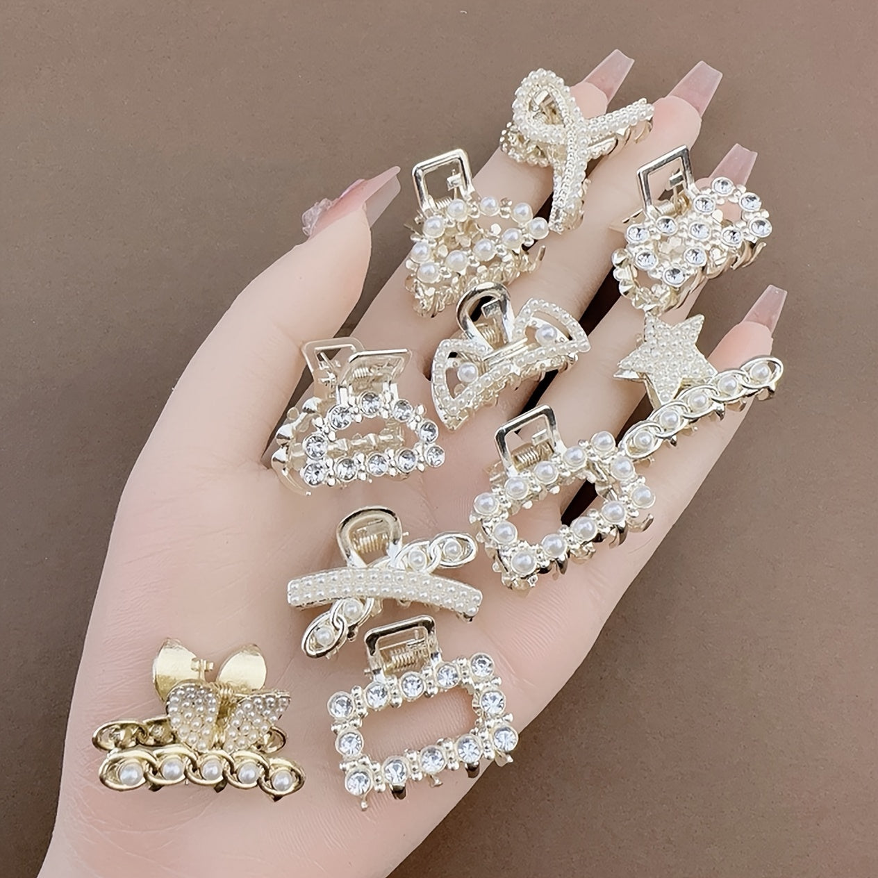 Pearl Hair Clips Set 7/10-Pack – Mini Half-Braided Shark Clips with Imitation Pearls & Rhinestones for Women