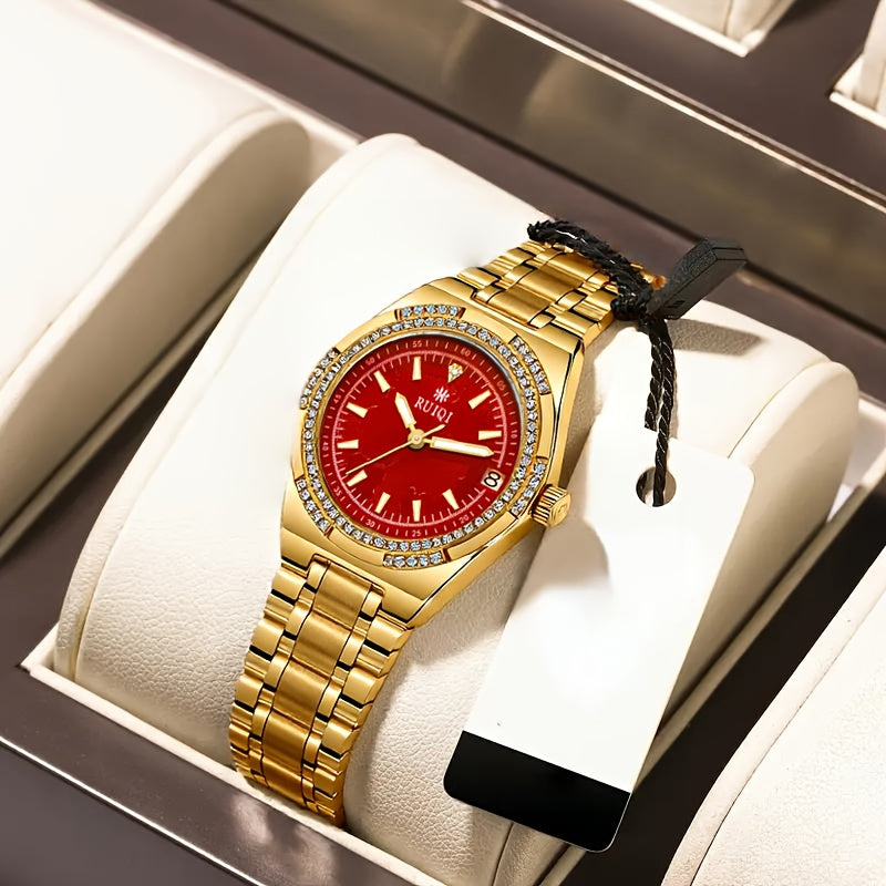 Automatic Mechanical Women's Watch — Rhinestone Dial, Calendar, Luminous Hands, Battery-Free, Stainless Steel Band