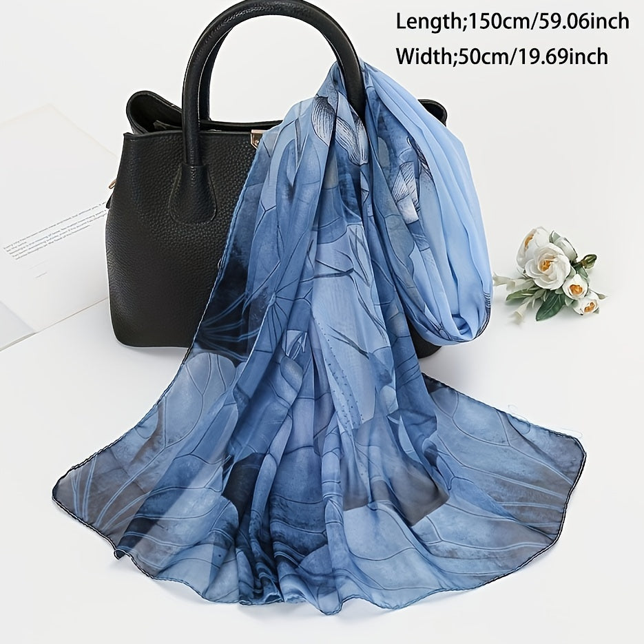 Large Lotus Print Chiffon Scarf, Lightweight Floral Shawl for Women, Breathable Beach Wrap & Travel Headscarf