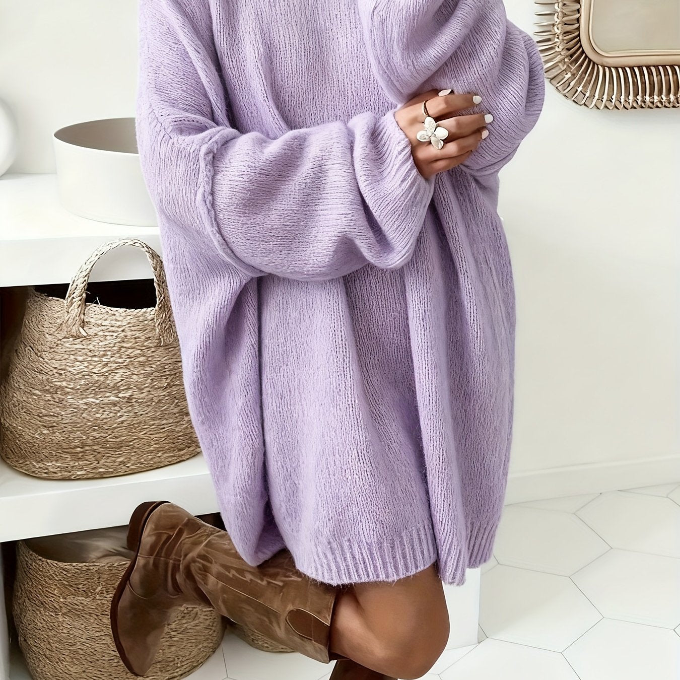 Plus Size Oversized Sweater Dress - Soft Beige Long Knit Pullover Coat, Crew Neck, Relaxed Fit, Machine Washable
