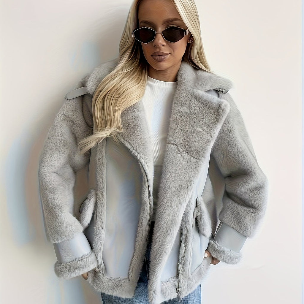 Women's Black Faux Fur Motorcycle Jacket - Zipper Front, Button Cuffs, Casual Fall & Winter Coat