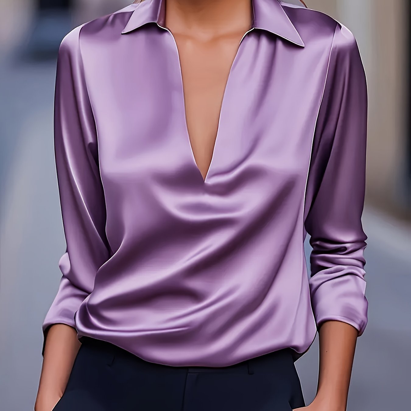 Silvery Satin V-Neck Blouse for Women, Long Sleeve Button-Front Satin Shirt, Elegant Smooth Finish