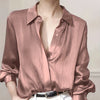 Women's Black Satin-Finish Button-Up Shirt, 100% Polyester Long Sleeve, Regular Fit, Machine Washable