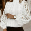Plus Size Mandarin Cheongsam Collar Lace-Panel Semi-Sheer Pullover Sweater, Elegant Stand-Collar Blouse for Office and Wedding