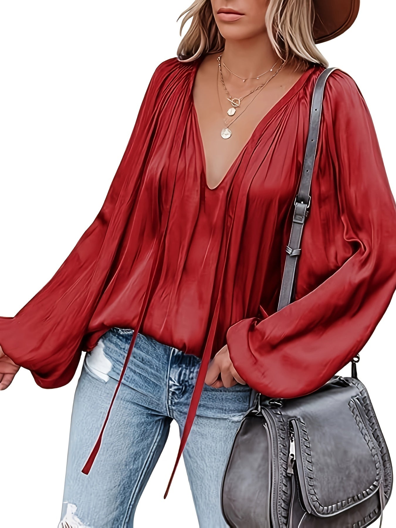 Women's Red V-Neck Long Sleeve Blouse — Elegant Office & Party Top, Machine Washable