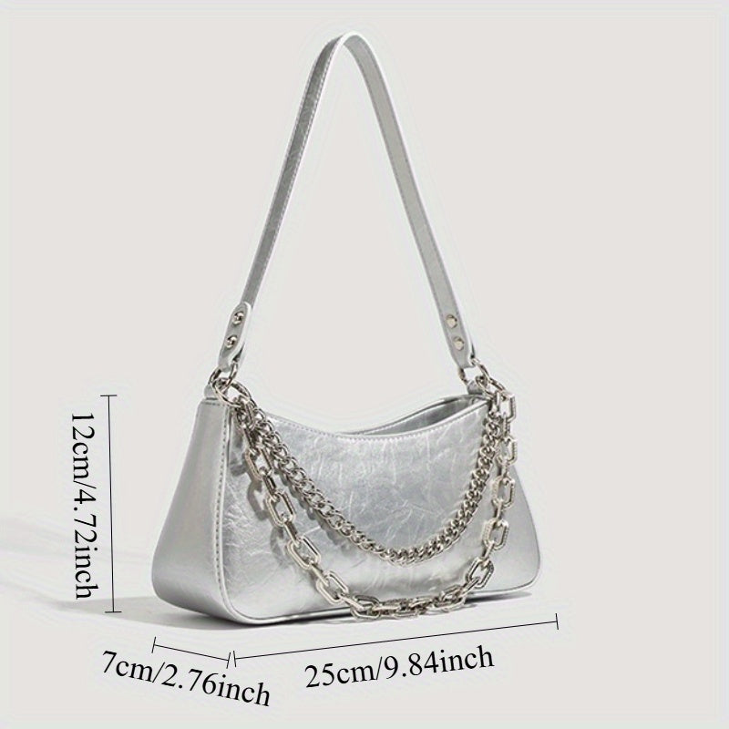 Silvery Baguette Shoulder Bag for Women – Minimalist Split Leather Adjustable Strap Handbag
