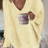Plus Size V-Neck Sweater – Yellow Geometric Knit with Pearl Buttons & Fleece-Lined Cuffs, Asymmetrical Hem